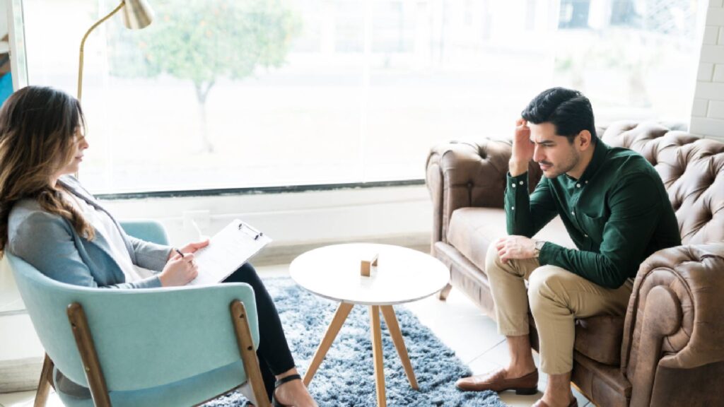 Therapy session in a cozy setting.